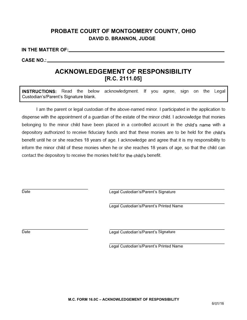 Acknowledgment Of Responsibility {16.0C} | Pdf Fpdf Doc Docx | Ohio