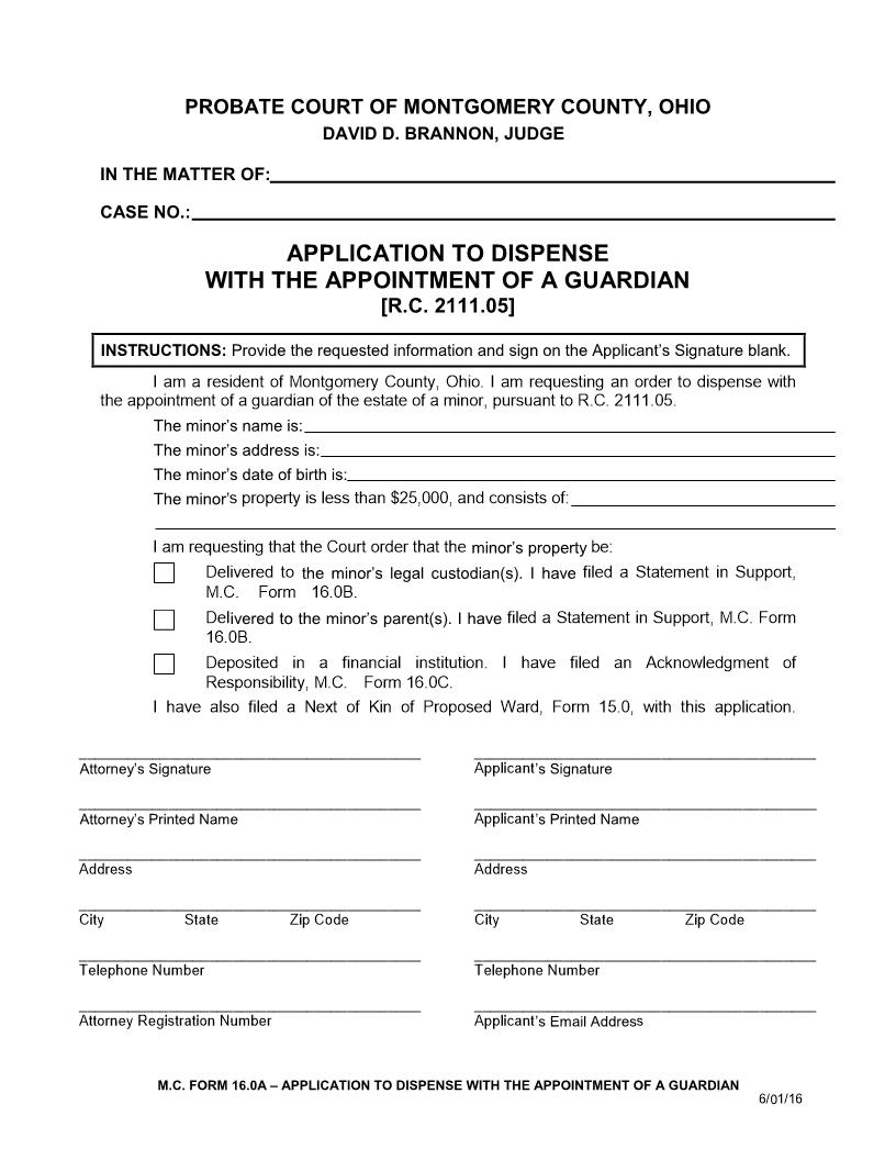 Application To Dispense With The Appointment Of A Guardian {16.0A} | Pdf Fpdf Doc Docx | Ohio
