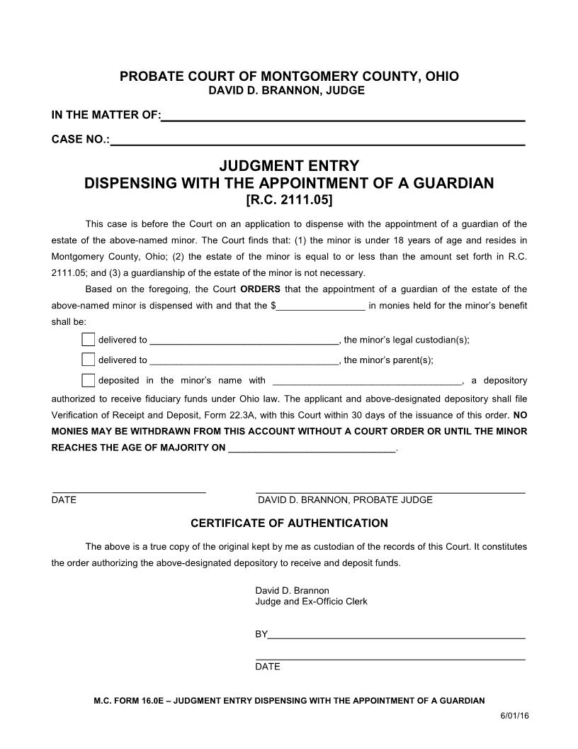 Judgment Entry Dispensing With THe Appointment Of A Guardian {16.0E} | Pdf Fpdf Doc Docx | Ohio