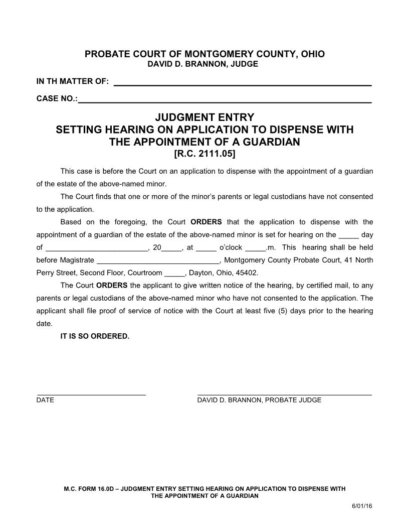 Judgment Entry Setting Hearing To Dispense Appointment Of Guardian {16.0D} | Pdf Fpdf Doc Docx | Ohio