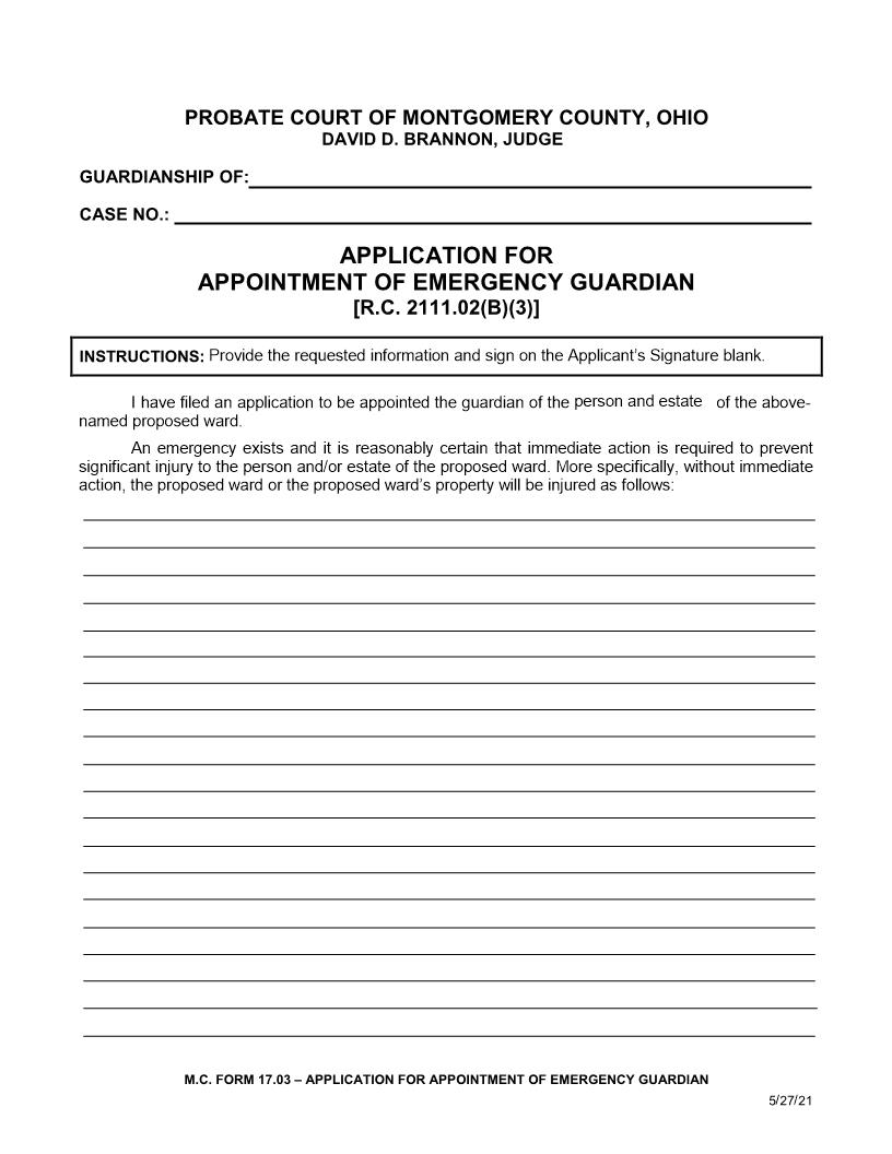 Application For Appointment Of Emergency Guardian {17.03} | Pdf Fpdf Doc Docx | Ohio