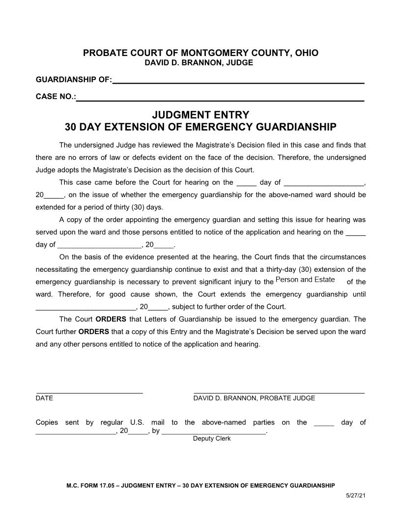 Judgment Entry 30 Day Extension Of Emergency Guardianship {17.05} | Pdf Fpdf Doc Docx | Ohio