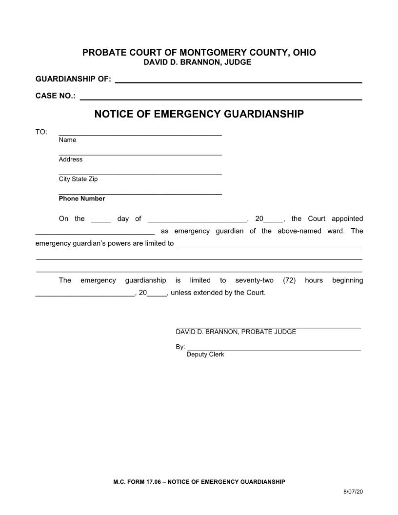 Notice Of Emergency Guardianship {17.06} | Pdf Fpdf Doc Docx | Ohio