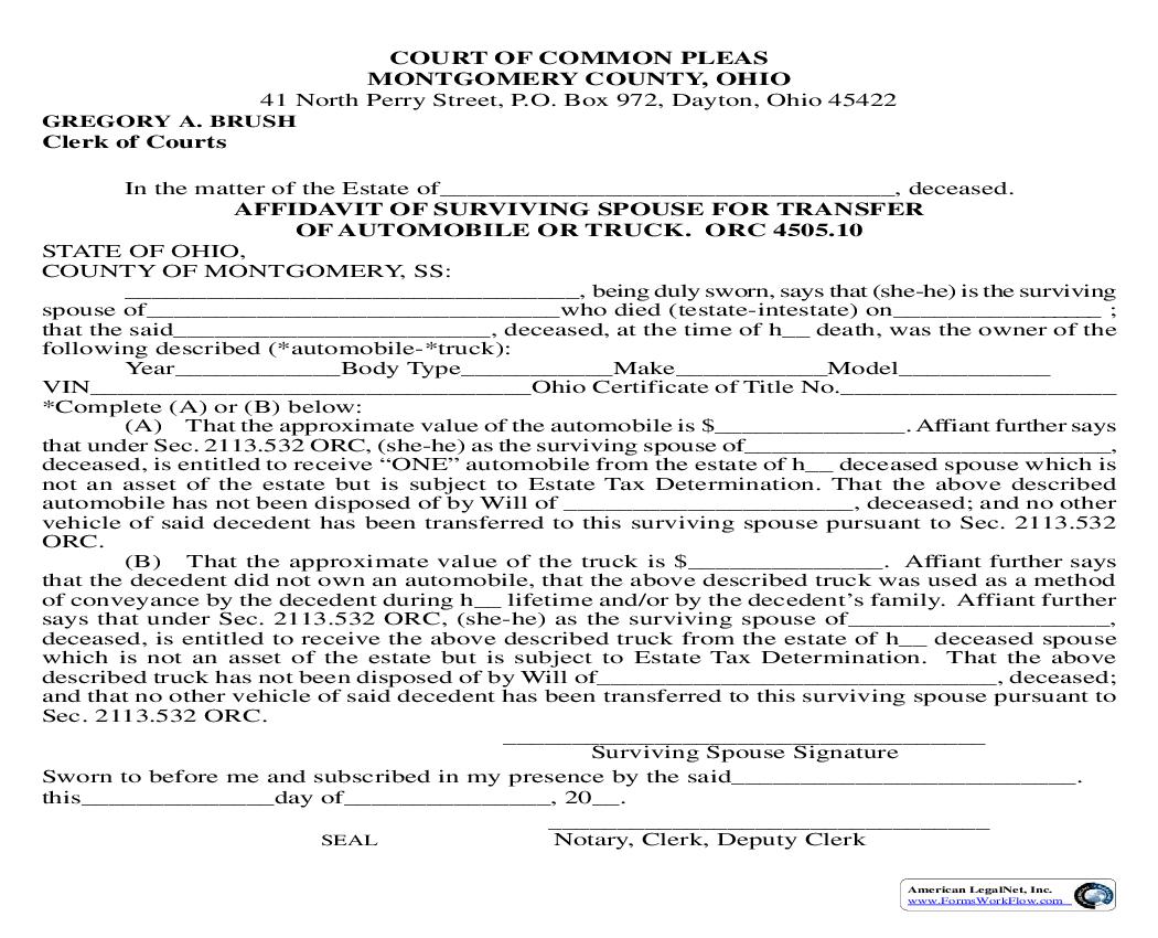 Affidavit Of Surviving Spouse For Transfer Of Automobile Or Truck | Pdf Fpdf Doc Docx | Ohio
