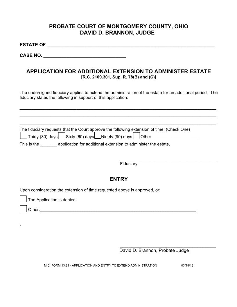 Application For Additional Extension To Administer Estate {13.81} | Pdf Fpdf Docx | Ohio