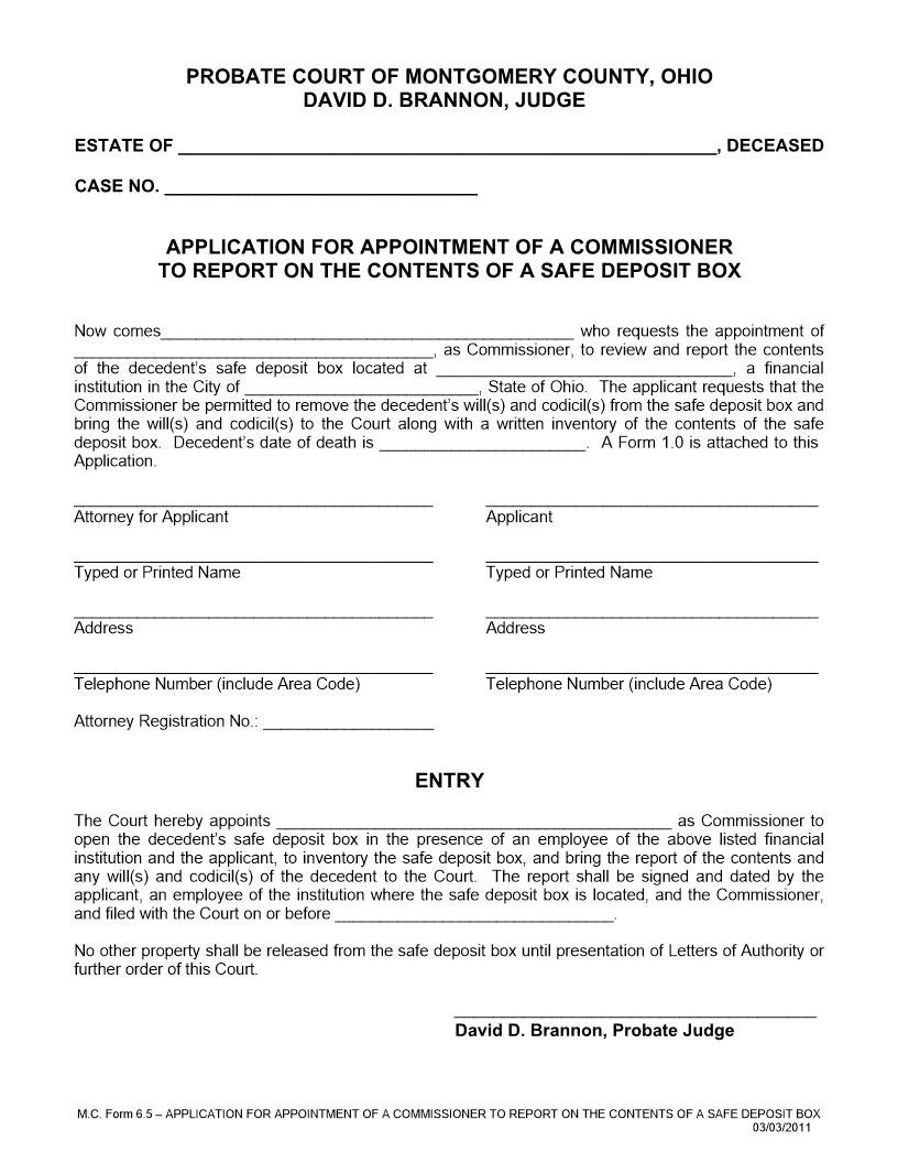 Application For Appointment Of A Commissioner To Report On The Contents {6.5} | Pdf Fpdf Doc Docx | Ohio