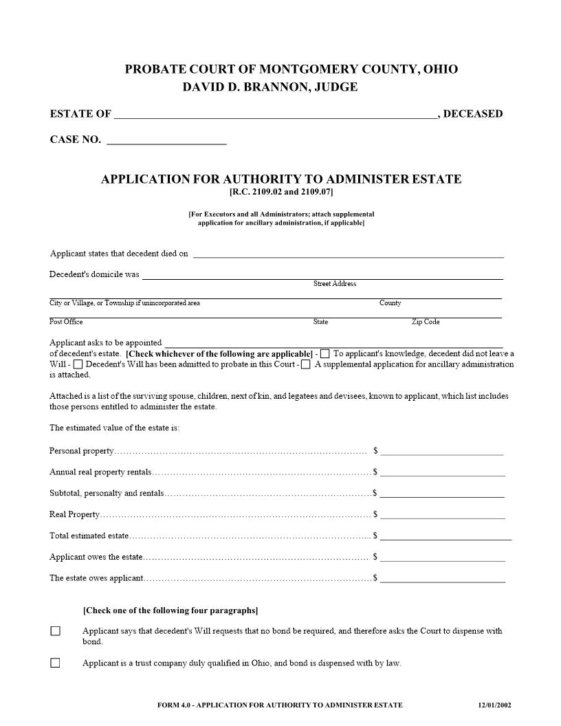 Application For Authority To Administer Estate {4.0} | Pdf Fpdf Doc Docx | Ohio