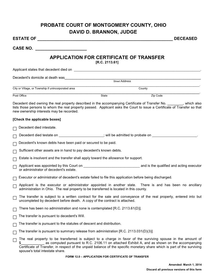 Application For Certificate Of Transfer {12.0} | Pdf Fpdf Doc Docx | Ohio