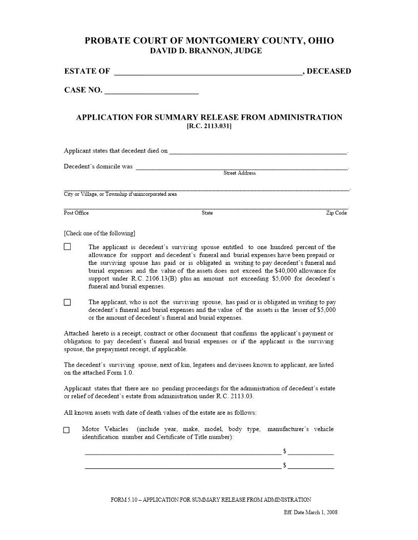 Application For Summary Release From Administration {5.10} | Pdf Fpdf Doc Docx | Ohio