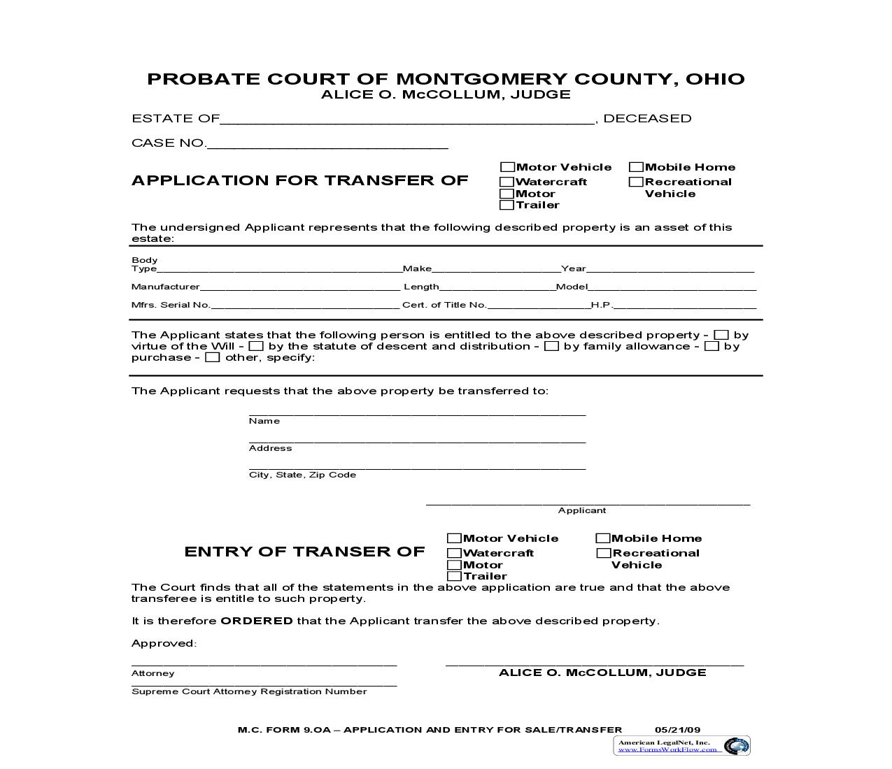 Application For Transfer Of {9.0A} | Pdf Fpdf Doc Docx | Ohio