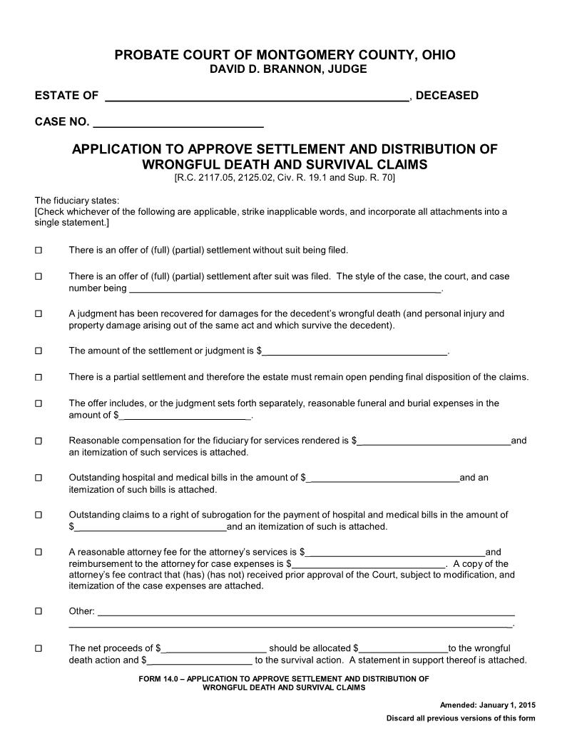 Application To Approve Settlement And Distribution Of Wrongful Death And Survival Claims {14.0} | Pdf Fpdf Doc Docx | Ohio
