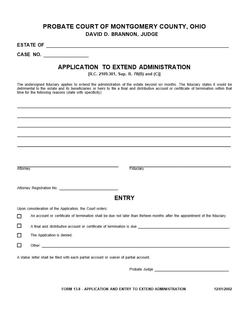 Application To Extend Administration {13.8} | Pdf Fpdf Doc Docx | Ohio