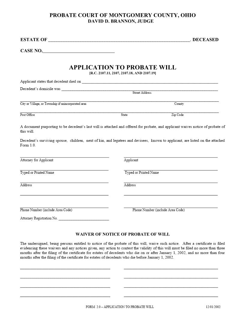 Application To Probate Will {2.0} | Pdf Fpdf Doc Docx | Ohio