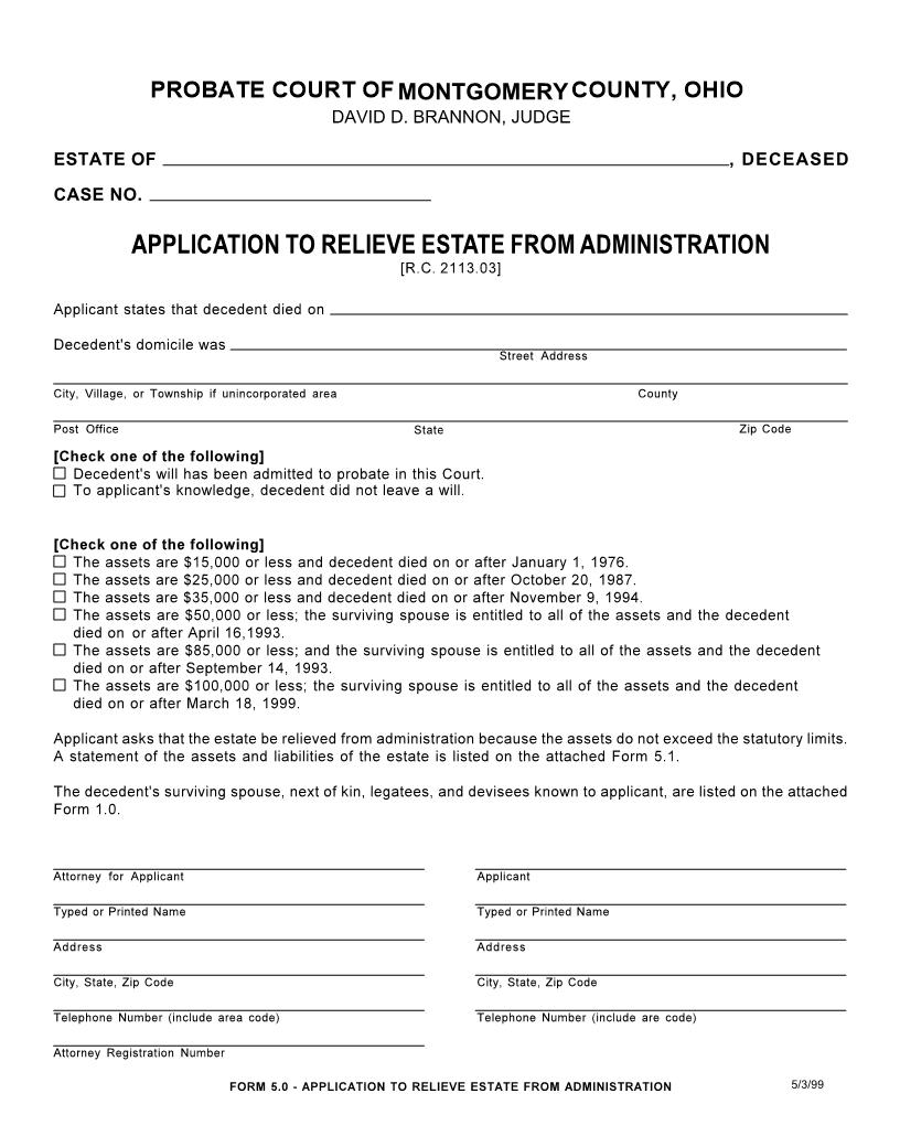 Application To Relieve Estate From Administration {5.0} | Pdf Fpdf Doc Docx | Ohio