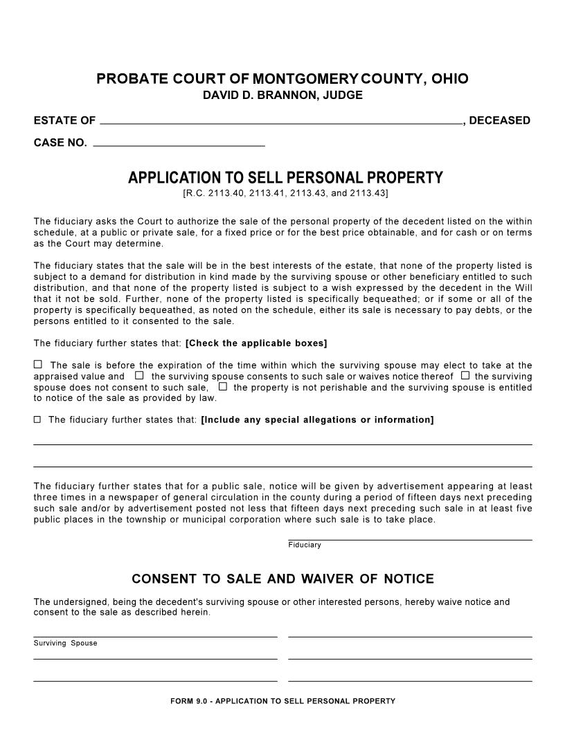 Application To Sell Personal Property {9.0} | Pdf Fpdf Doc Docx | Ohio