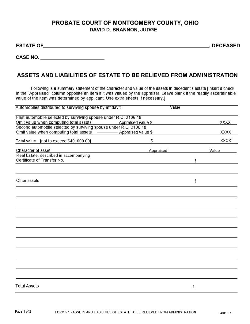 Assets And Liabilities Of Estate To Be Relieved From Administration {5.1} | Pdf Fpdf Doc Docx | Ohio