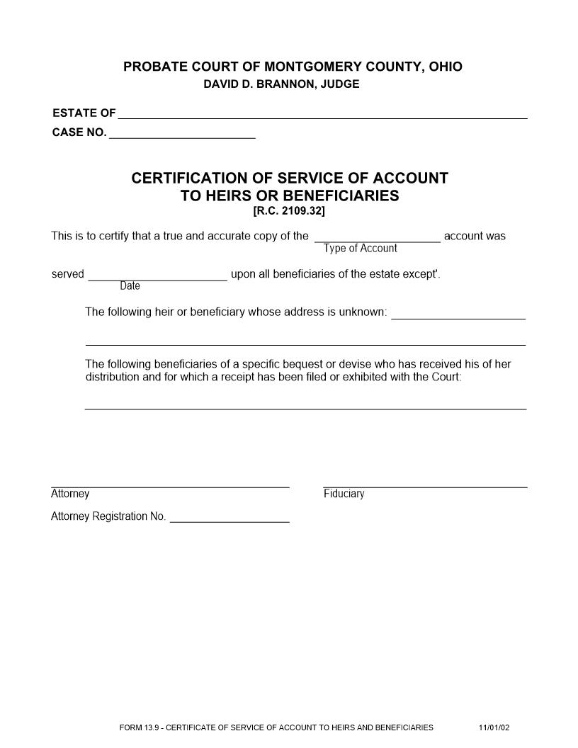 Certfication Of Service Of Account To Heirs Or Beneficiaries {13.9} | Pdf Fpdf Doc Docx | Ohio