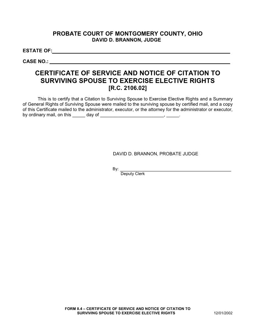 Certificate Of Service And Notice Of Citation To Surviving Spouse To Excercise Elective Rights {8.4} | Pdf Fpdf Doc Docx | Ohio