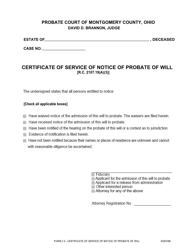 Certificate Of Service Of Notice Of Probate Of Will {2.4} | Pdf Fpdf Doc Docx | Ohio