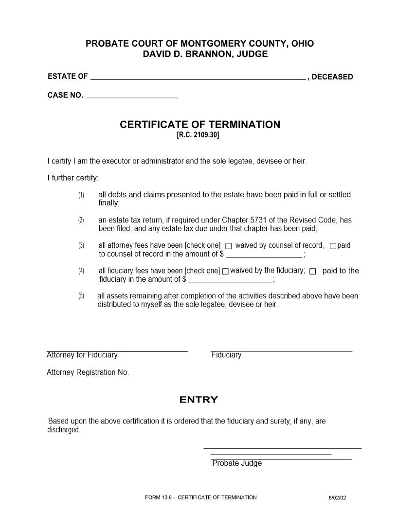 Certificate Of Termination {13.6} | Pdf Fpdf Doc Docx | Ohio