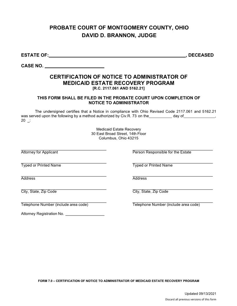 Certification Of Notice To Administrator Of Medicaid Estate Recovery Program {7.0} | Pdf Fpdf Doc Docx | Ohio