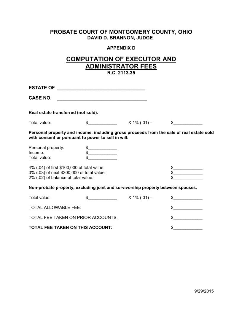 Computation Of Executor And Administrator Fees {APP D} | Pdf Fpdf Doc Docx | Ohio