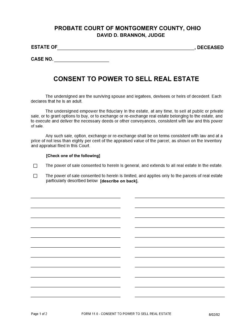 Consent To Power To Sell Real Estate {11.0} | Pdf Fpdf Doc Docx | Ohio