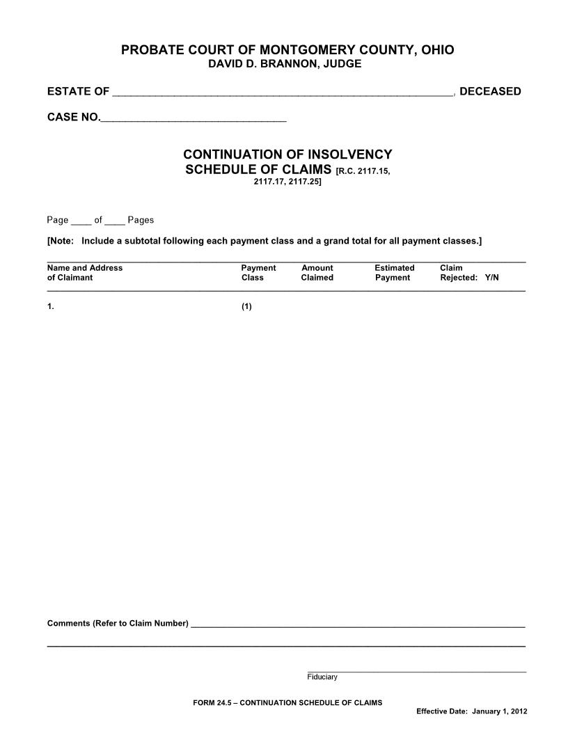 Continuation Of Insolvency Schedule Of Claims {24.5} | Pdf Fpdf Doc Docx | Ohio