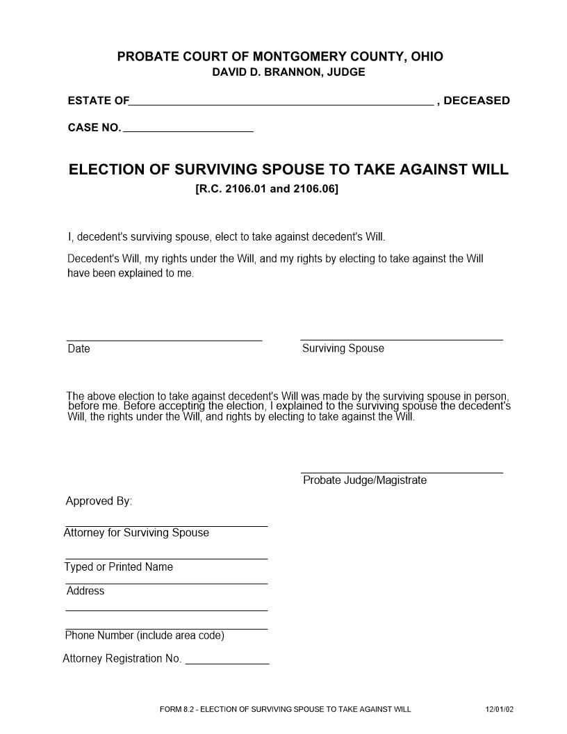 Election Of Surviving Spouse To Take Against Will {8.2} | Pdf Fpdf Doc Docx | Ohio