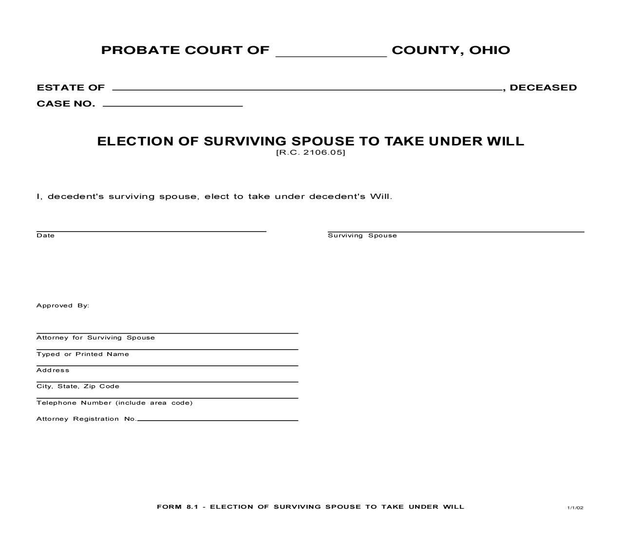 Election Of Surviving Spouse To Take Under Will {8.1} | Pdf Fpdf Doc Docx | Ohio