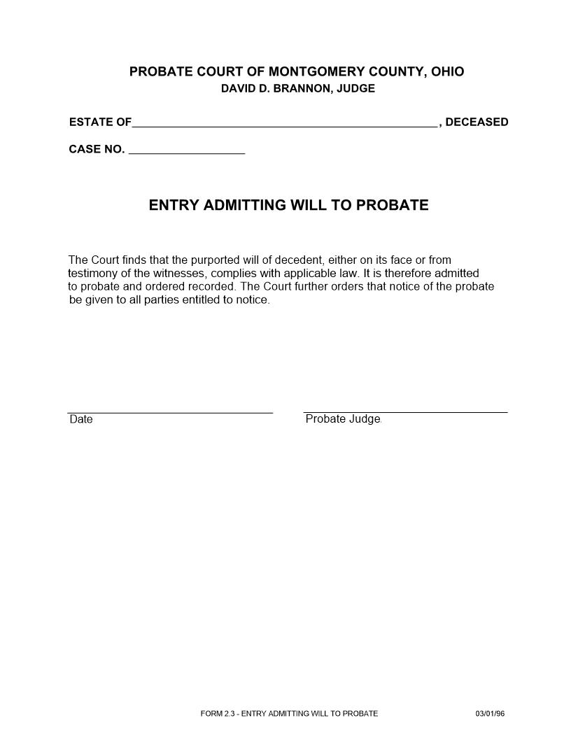 Entry Admitting Will To Probate {2.3} | Pdf Fpdf Doc Docx | Ohio