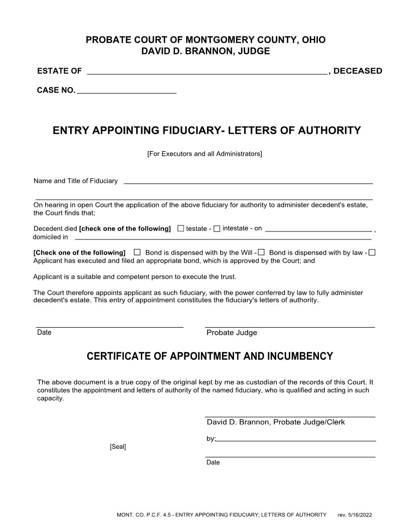 Entry Appointing Fiduciary Letters Of Authority {4.5} | Pdf Fpdf Doc Docx | Ohio