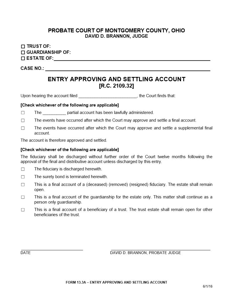 Entry Approving And Settling Account {13.3A} | Pdf Fpdf Doc Docx | Ohio