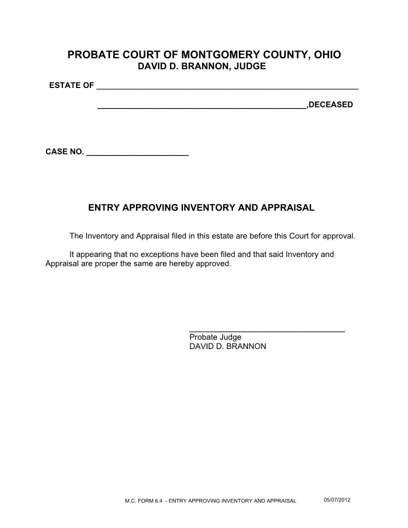 Entry Approving Inventory And Appraisal {6.4} | Pdf Fpdf Doc Docx | Ohio