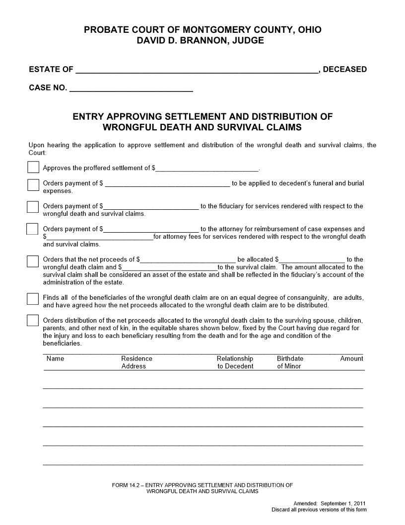 Entry Approving Settlement And Distribution Of Wrongful Death And Survival Claims {14.2} | Pdf Fpdf Doc Docx | Ohio