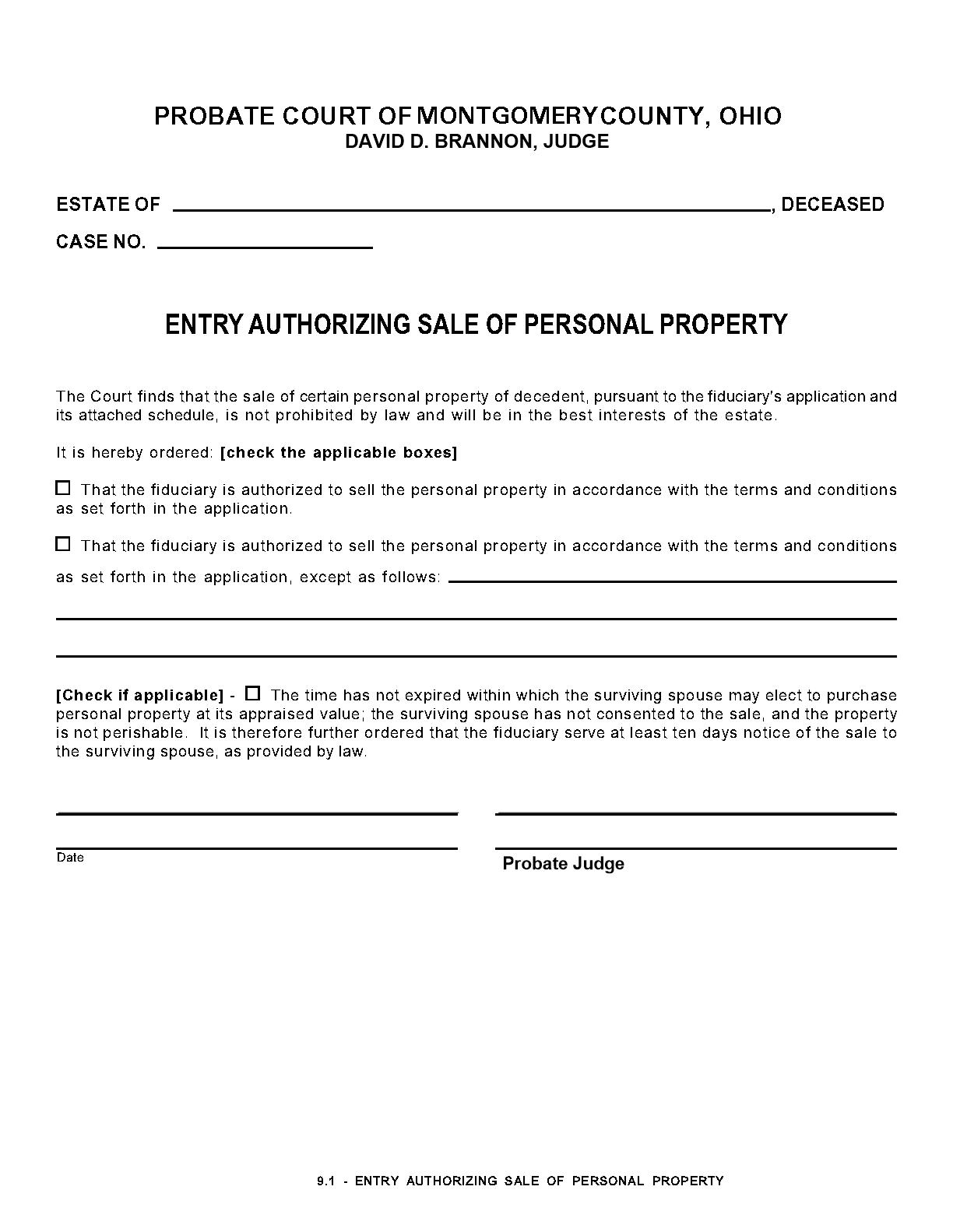 Entry Authorizing Sale Of Personal Property {9.1} | Pdf Fpdf Doc Docx | Ohio