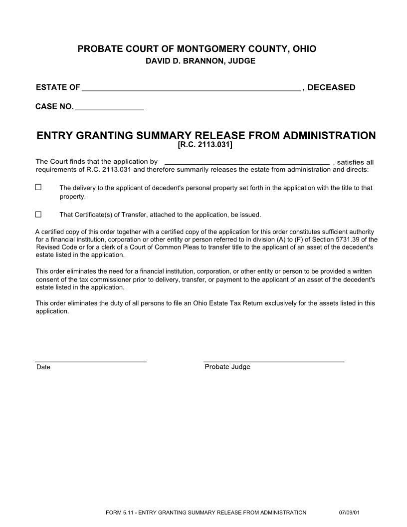 Entry Granting Summary Release From Administration {5.11} | Pdf Fpdf Doc Docx | Ohio