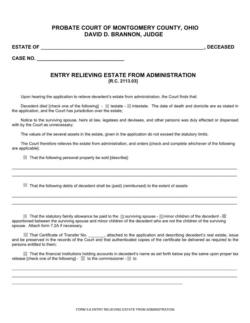 Entry Relieving Estate From Administration {5.6} | Pdf Fpdf Doc Docx | Ohio