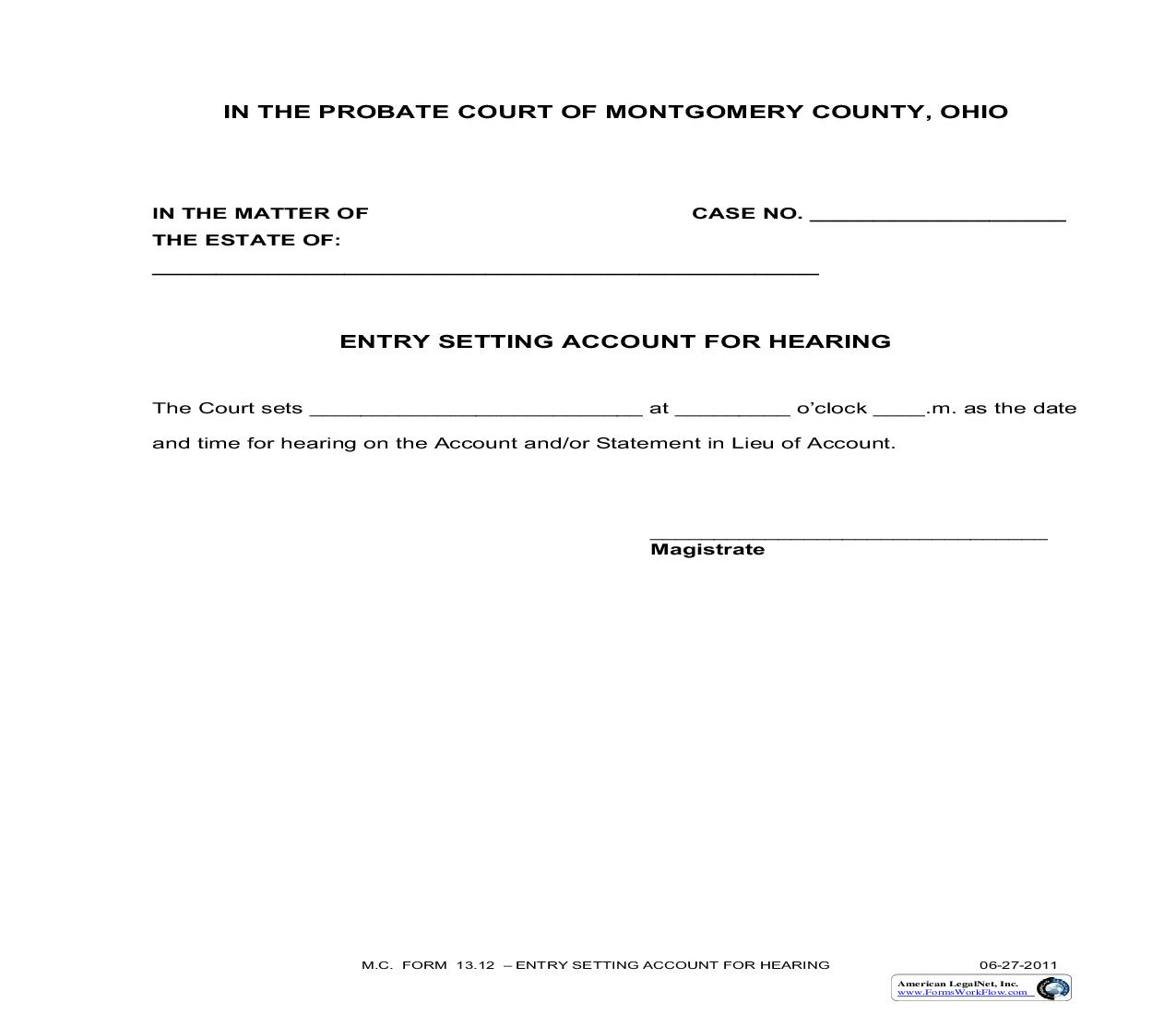 Entry Setting Account For Hearing {13.12} | Pdf Fpdf Doc Docx | Ohio