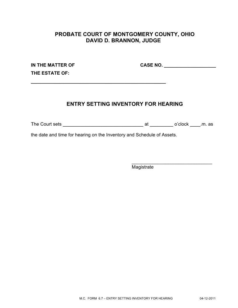 Entry Setting Inventory For Hearing {6.7} | Pdf Fpdf Doc Docx | Ohio