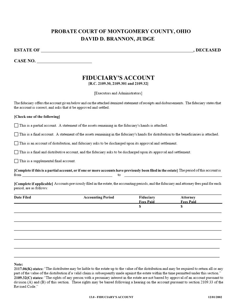 Fiduciarys Account (Montgomery) {13.0} | Pdf Fpdf Doc Docx | Ohio
