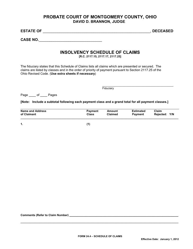 Insolvency Schedule Of Claims {24.4} | Pdf Fpdf Doc Docx | Ohio