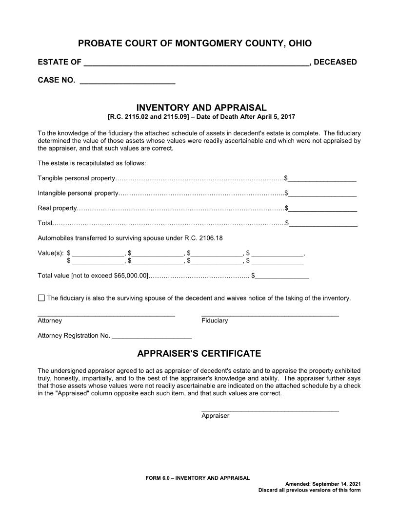 Inventory And Appraisal {6.0} | Pdf Fpdf Doc Docx | Ohio