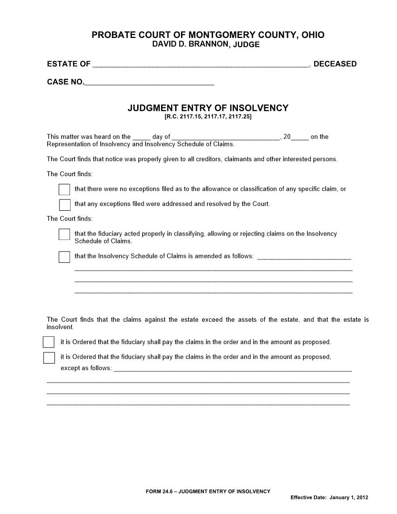 Judgment Entry Of Insolvency {24.6} | Pdf Fpdf Doc Docx | Ohio