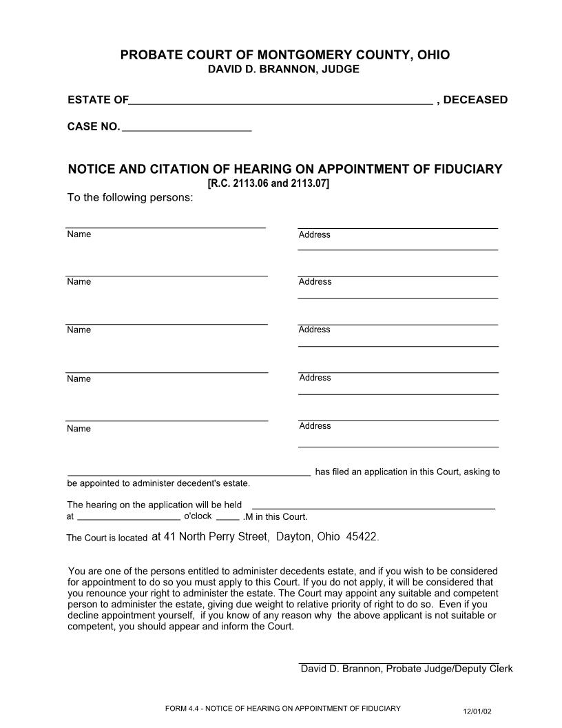 Notice And Citation Of Hearing On Appointment Of Fiduciary {4.4} | Pdf Fpdf Doc Docx | Ohio