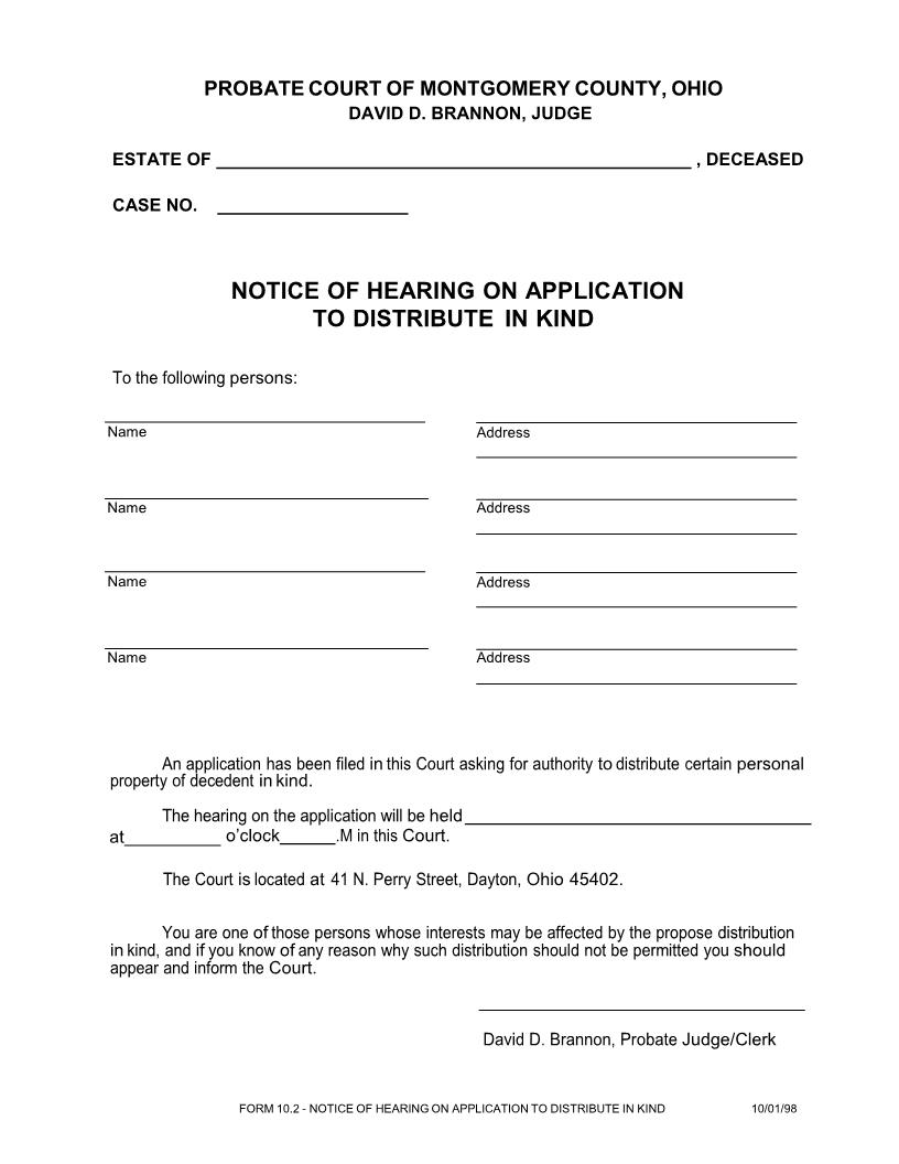 Notice Hearing On Application To Distribute In Kind {10.2} | Pdf Fpdf Doc Docx | Ohio