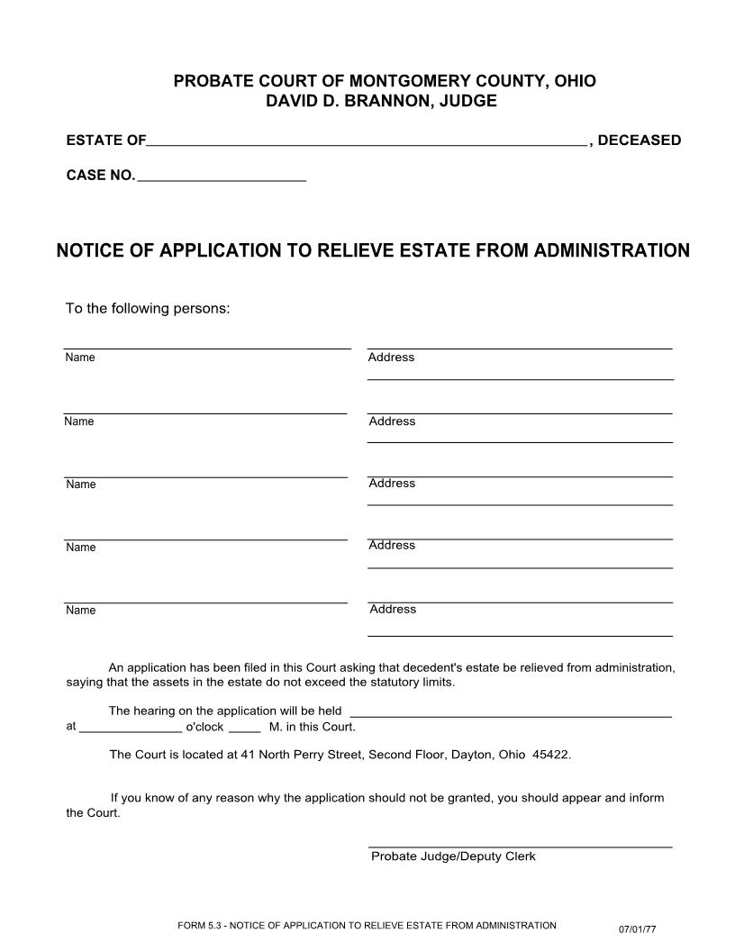 Notice Of Application To Relieve Estate From Administration {5.3} | Pdf Fpdf Doc Docx | Ohio