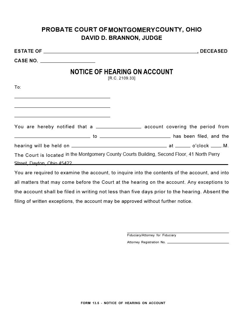 Notice Of Hearing On Account {13.5} | Pdf Fpdf Doc Docx | Ohio