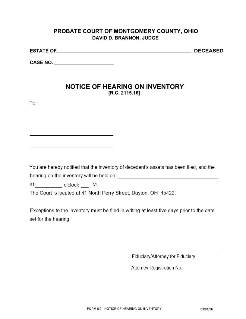 Notice Of Hearing On Inventory {6.3} | Pdf Fpdf Doc Docx | Ohio