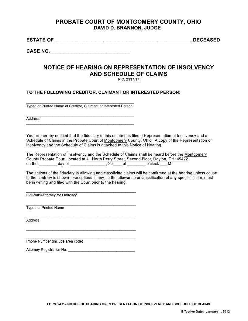 Notice Of Hearing On Representations Of Insolvency And Schedule Of Claims {24.2} | Pdf Fpdf Doc Docx | Ohio